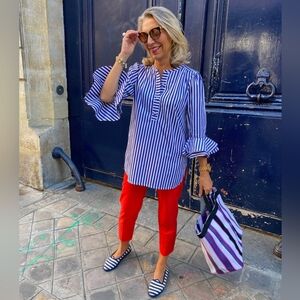 Dovima Wren French Tunic Striped Blouse Large Ruffle Peplum Sleeve 3/4 Sleeve